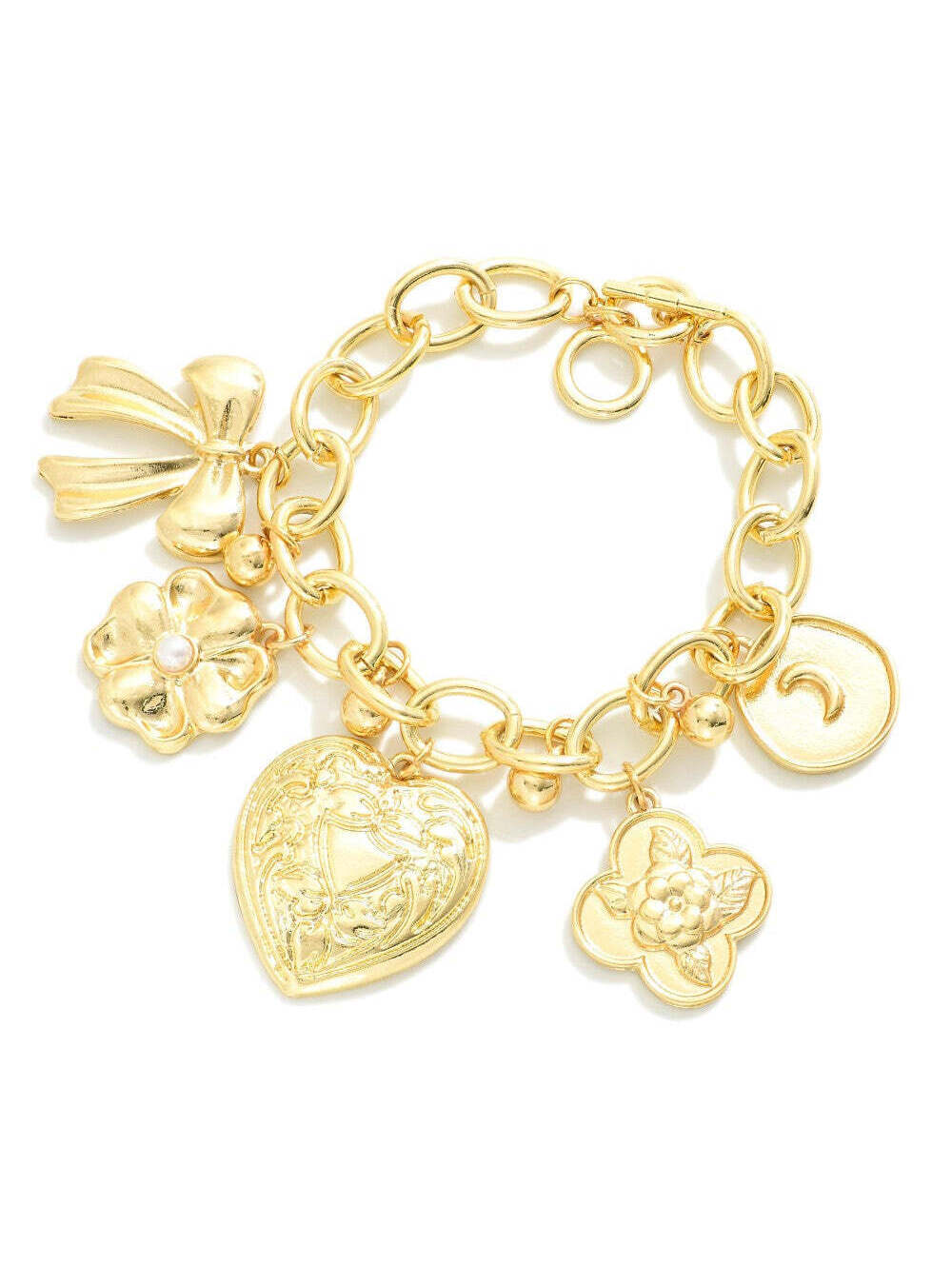Gold Tone Chunky Chain Charm Bracelet Heart Flower Bow Toggle Clasp